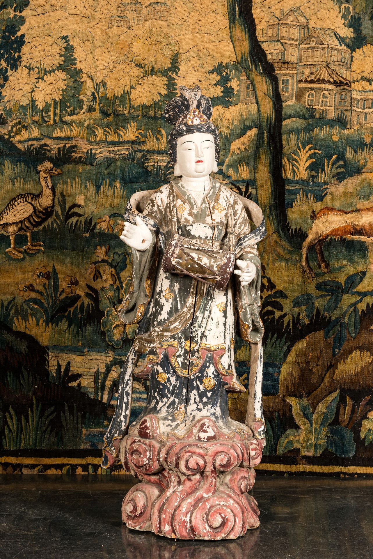 A large Chinese polychrome wooden sculpture of Guanyin, 20th C. Full title: A la&hellip;