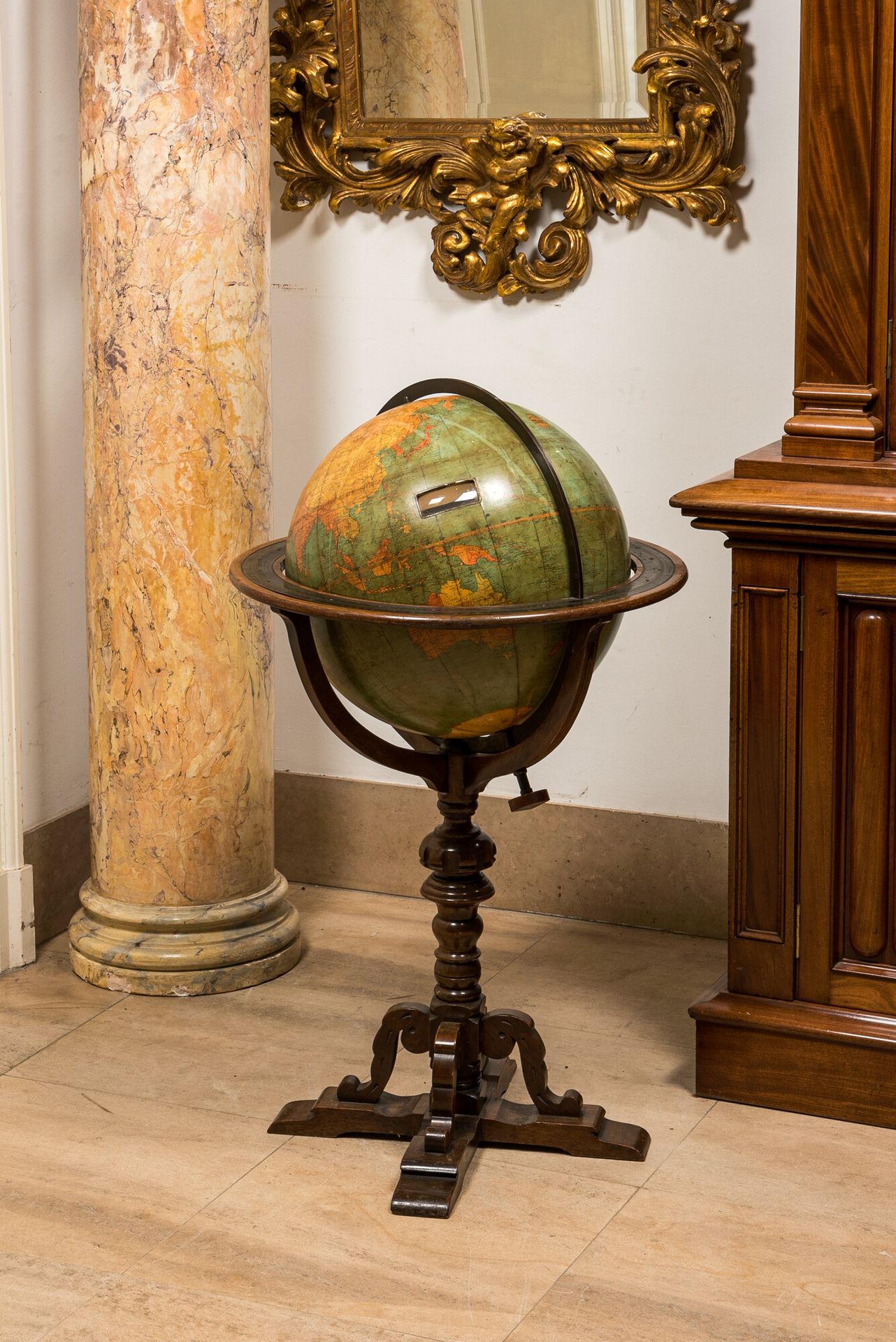 A large American terrestrial library globe with walnut stand, Williams-Pridham/ &hellip;