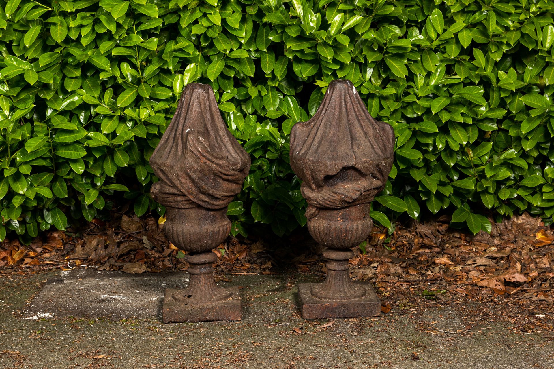 A pair of cast iron flambeaux vases, 1st half 20th C. Full title: A pair of cast&hellip;