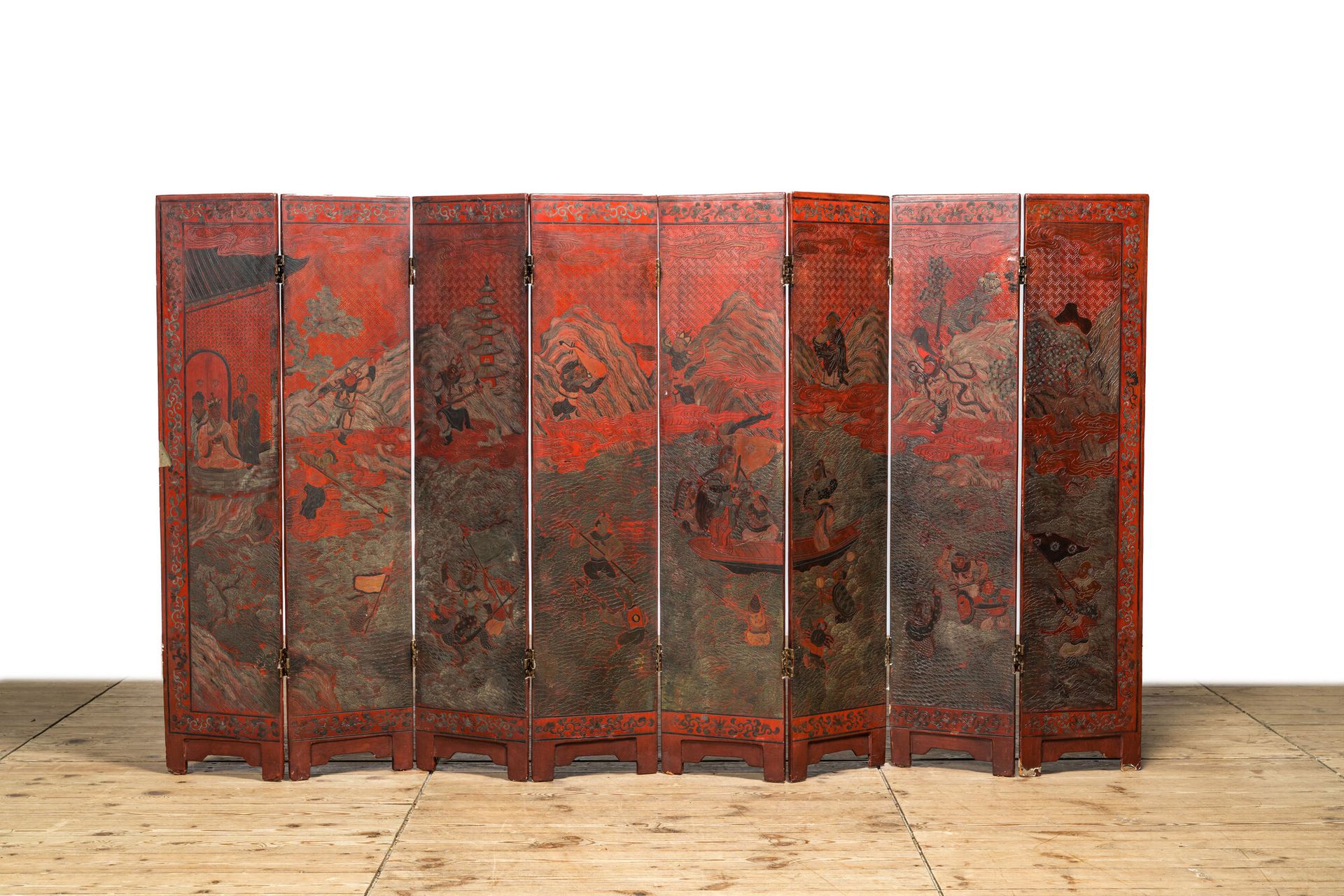 A Chinese red- and black-lacquered eightfold panel with a battle scene and a lan&hellip;