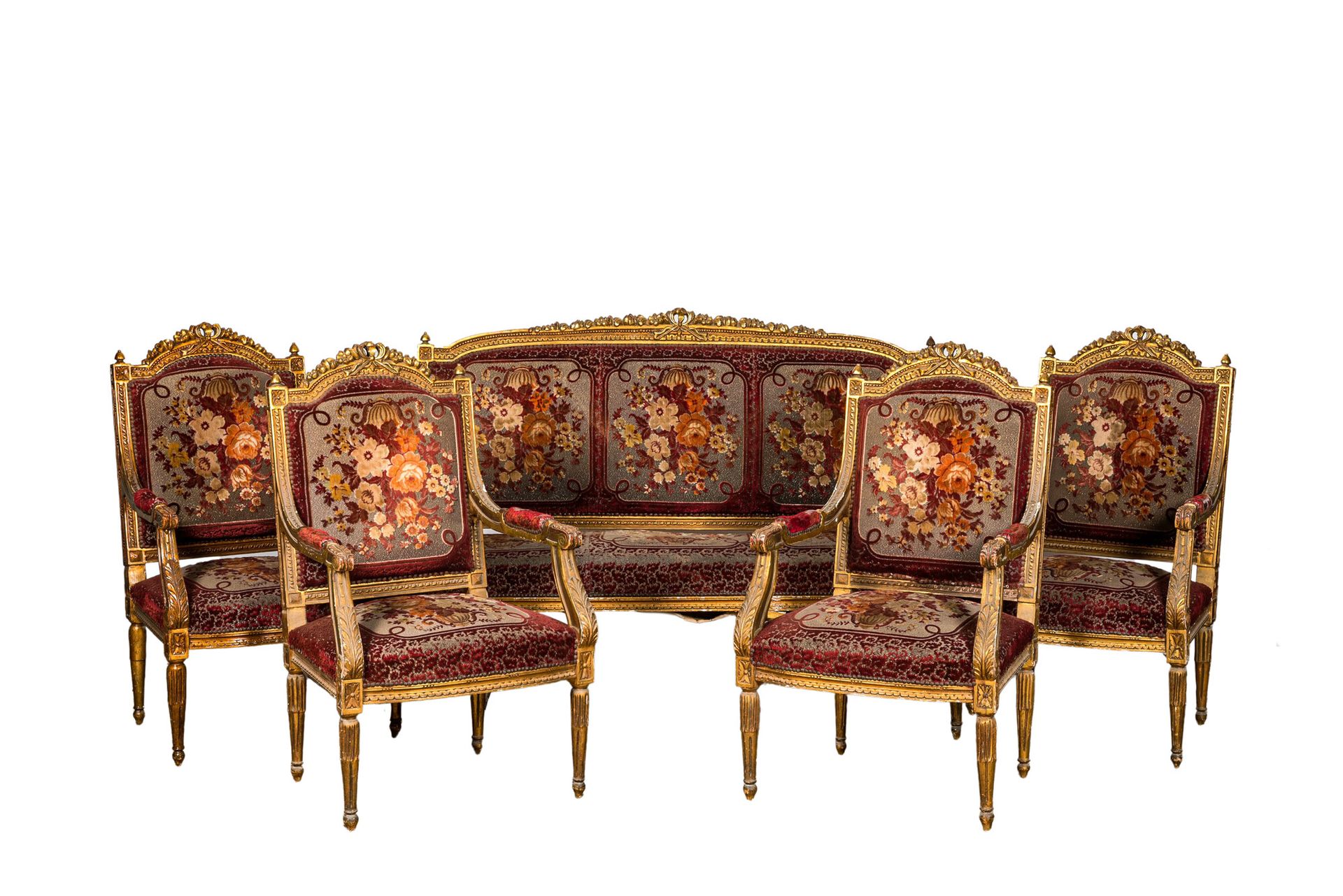 A neoclassical gilt wooden salon set comprising a sofa and four armchairs, 20th &hellip;
