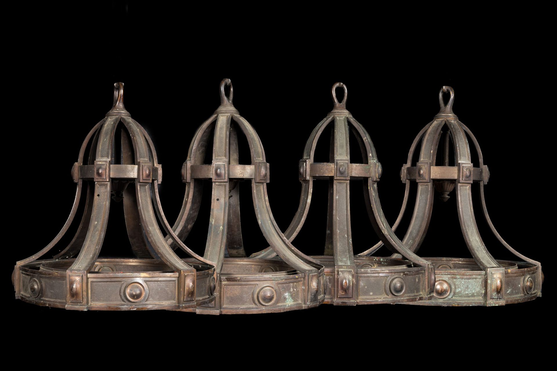 Four large bell-shaped bronze chandeliers, first half 20th C. Full title: Four l&hellip;