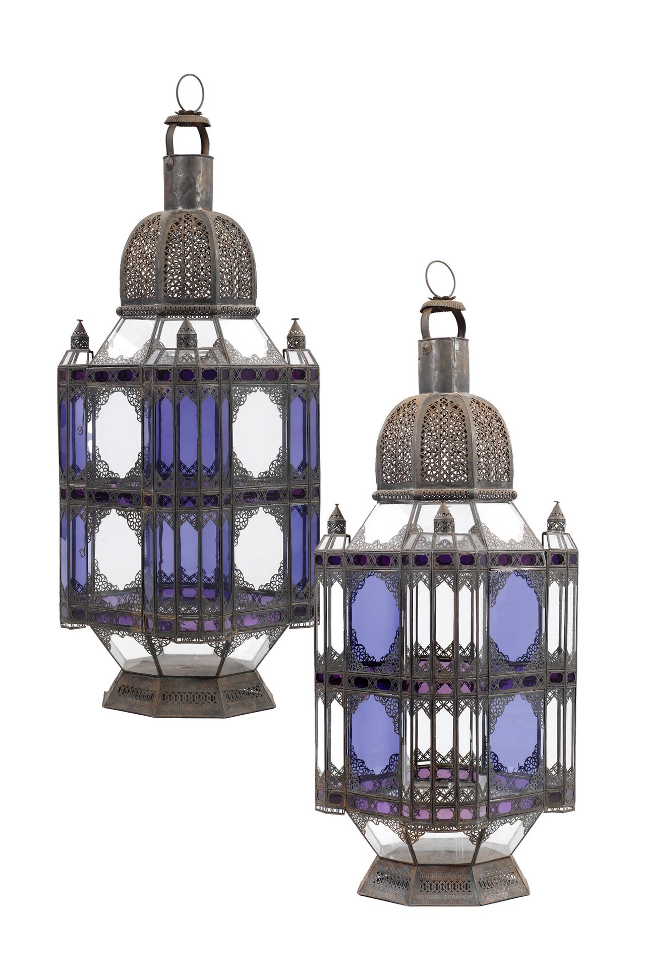 A pair of large Moroccan metal and glass lanterns, mid 20th C. Full title: A pai&hellip;