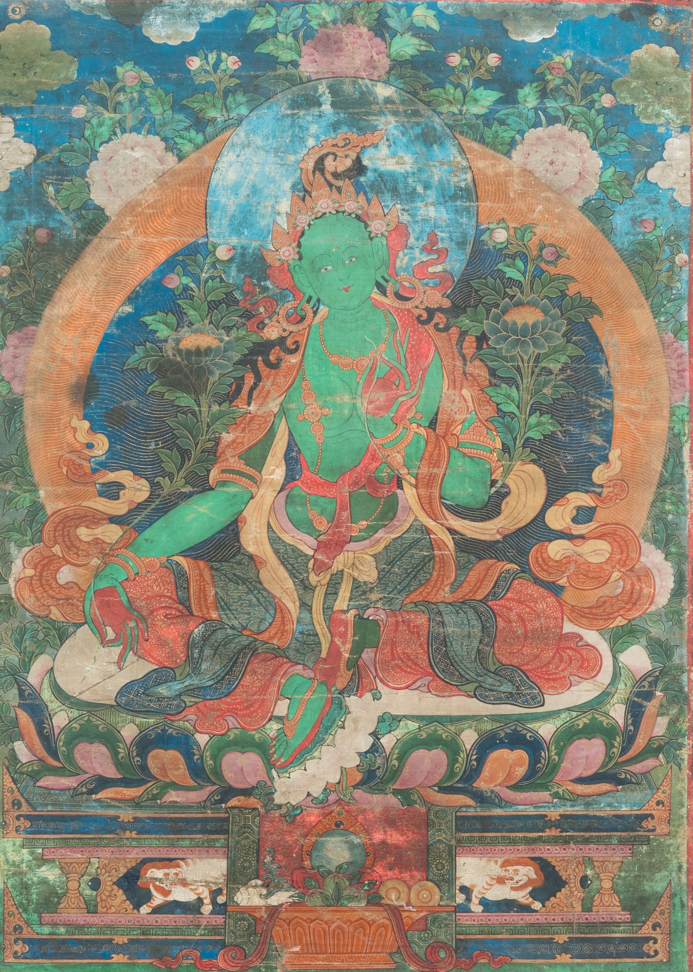 A thangka depicting Green Tara, Tibet, 17th C. 全文标题。描绘绿度母的唐卡，西藏，17世纪。

描述。
 尺寸：6&hellip;