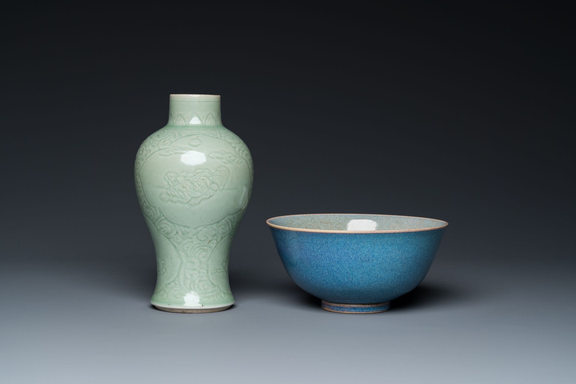 A Chinese celadon-glazed vase with underglaze design and a junyao-type bowl, 19/&hellip;