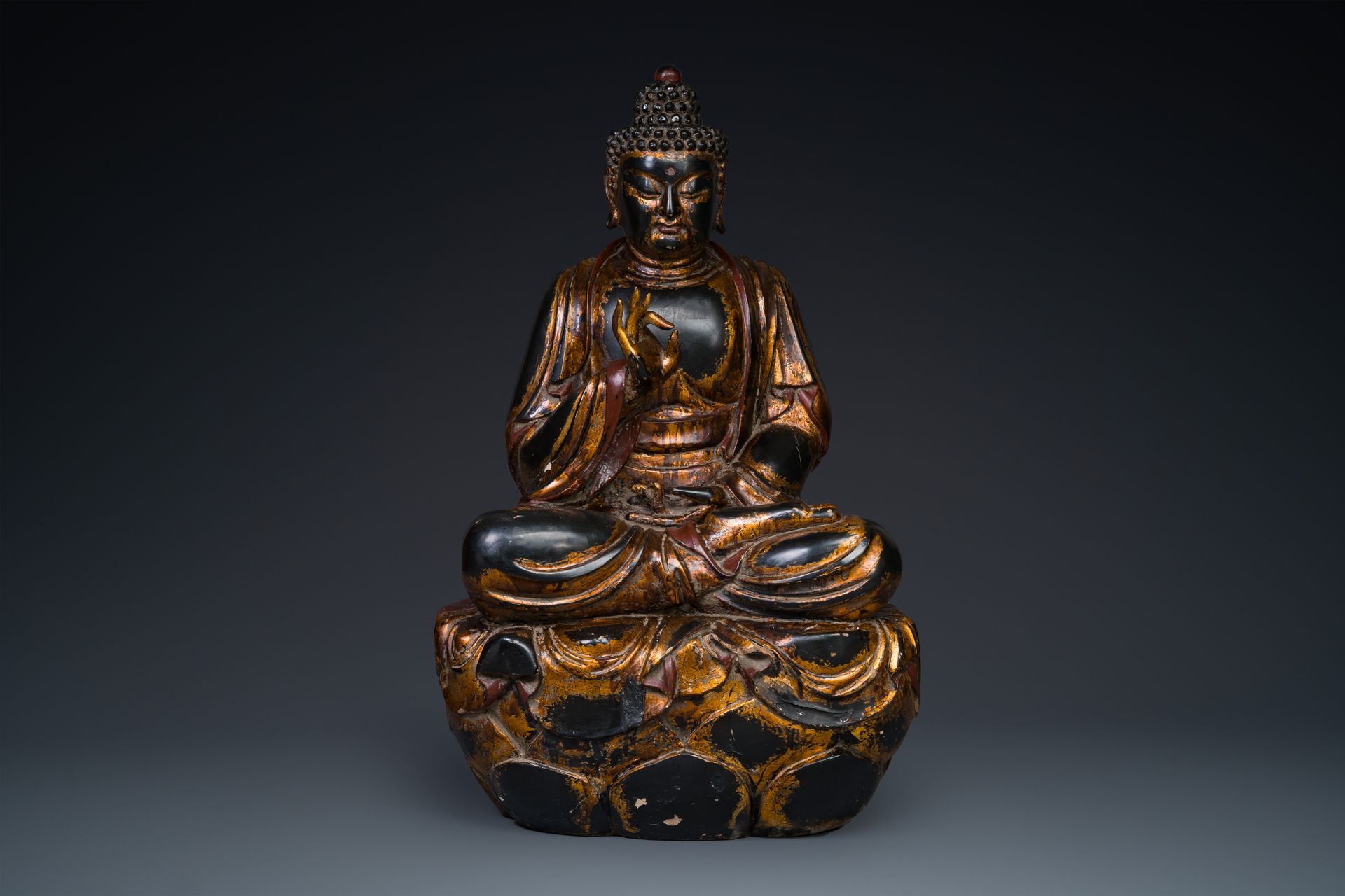 A fine and large Japanese gilt-lacquered wooden sculpture of a Buddha Shaka, Edo&hellip;
