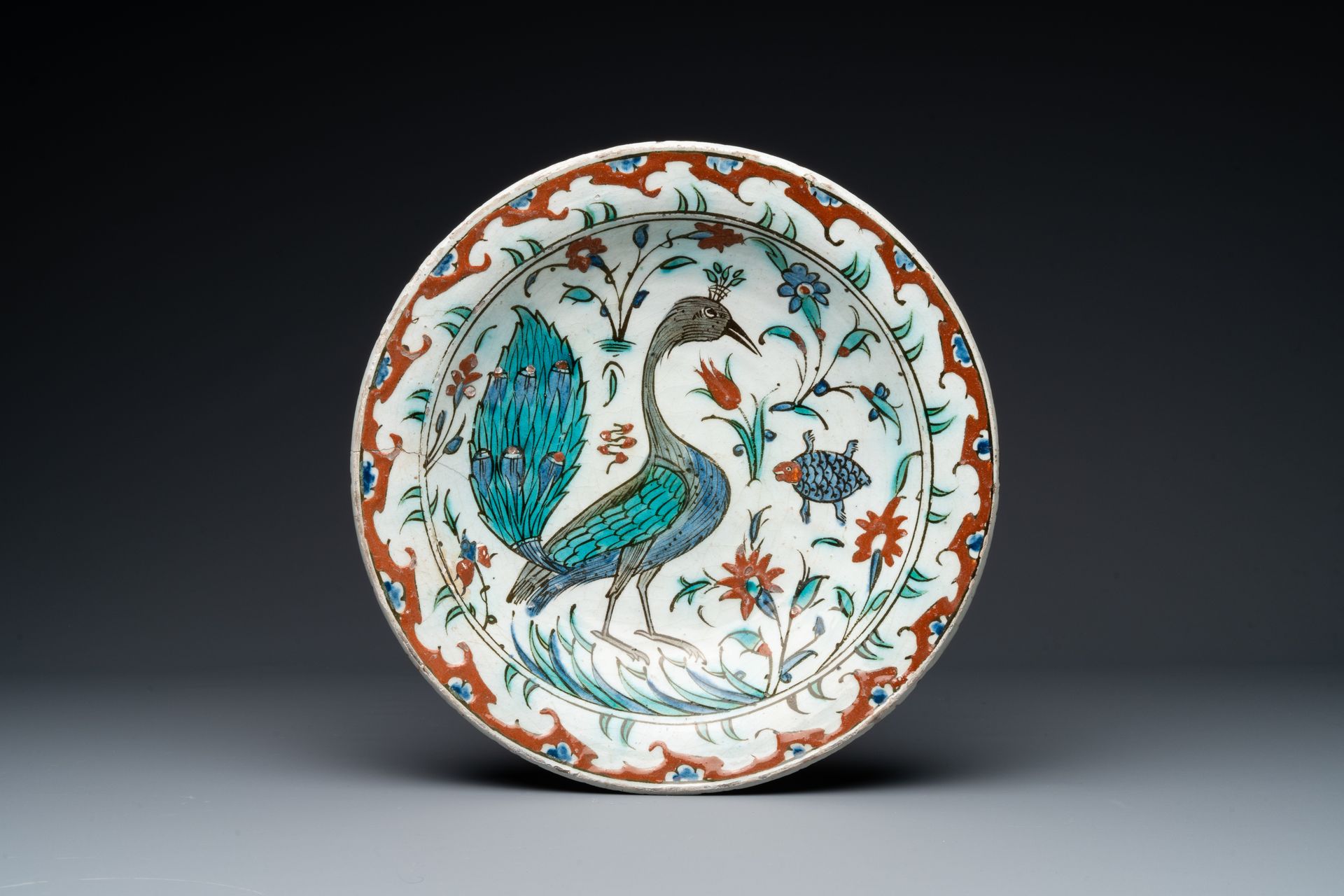 An exceptional polychrome Iznik pottery 'peacock' dish, Turkey, last quarter 16t&hellip;
