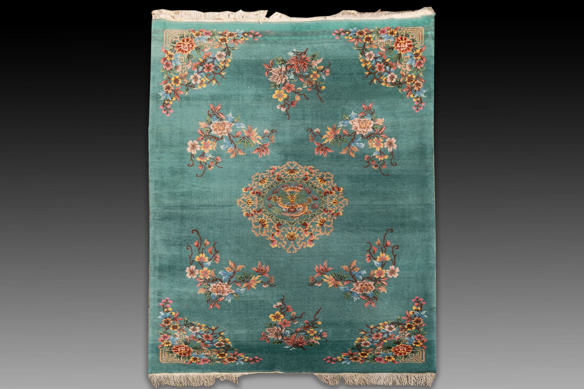A large Chinese emerald-green-ground carpet with floral design, Republic Un gran&hellip;