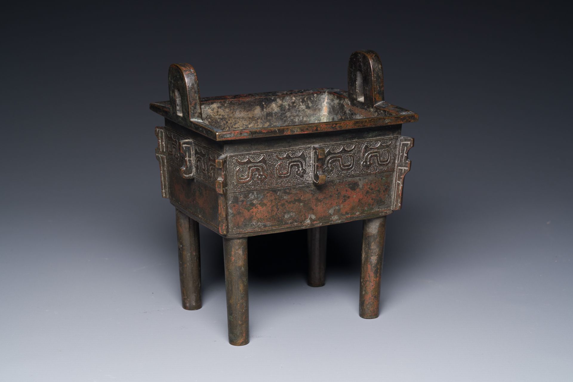A Chinese Western Zhou-style rectangular bronze 'fangding' censer, Ming Encensoi&hellip;