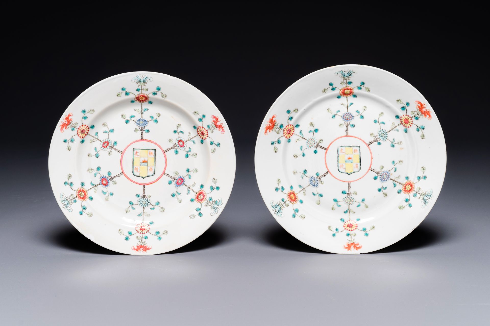 A pair of Chinese famille rose 'Jiangxi Province' plates, endless knot mark, 19/&hellip;