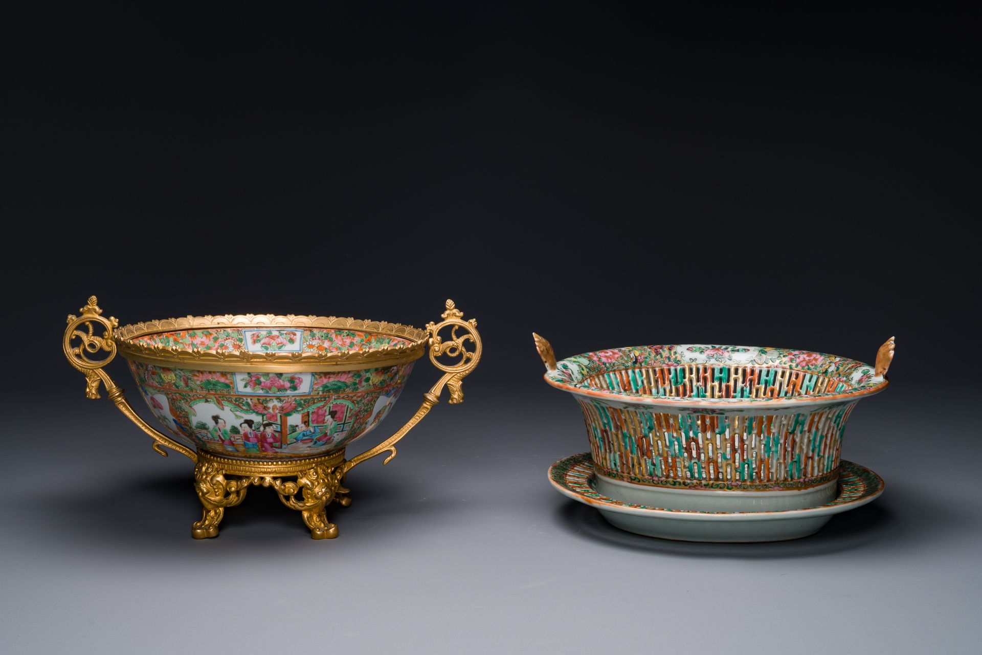 A Chinese Canton famille rose reticulated basket on stand and a bowl with gilt b&hellip;