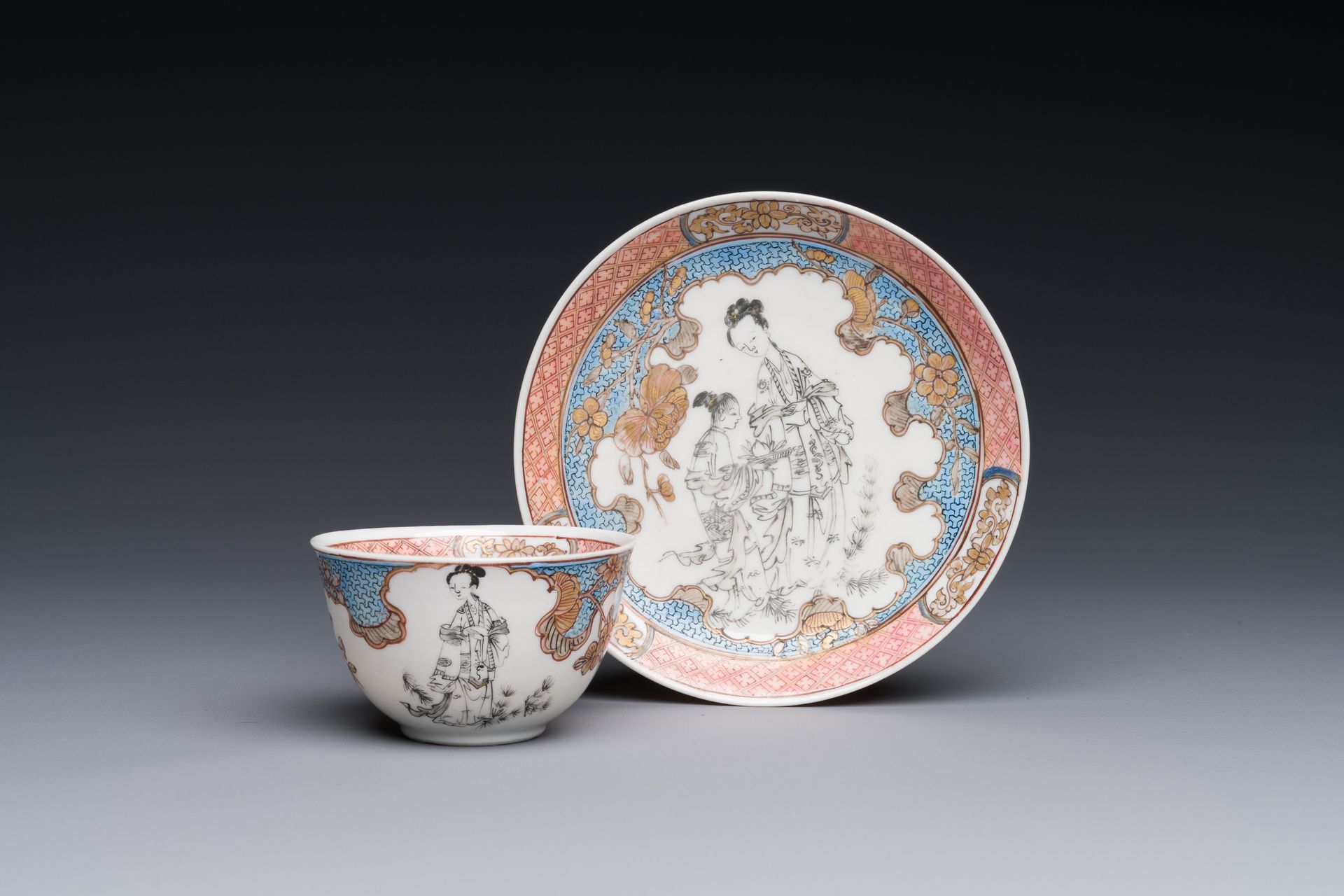 A Chinese famille rose and grisaille 'Xiwangmu receiving a peach' cup and saucer&hellip;