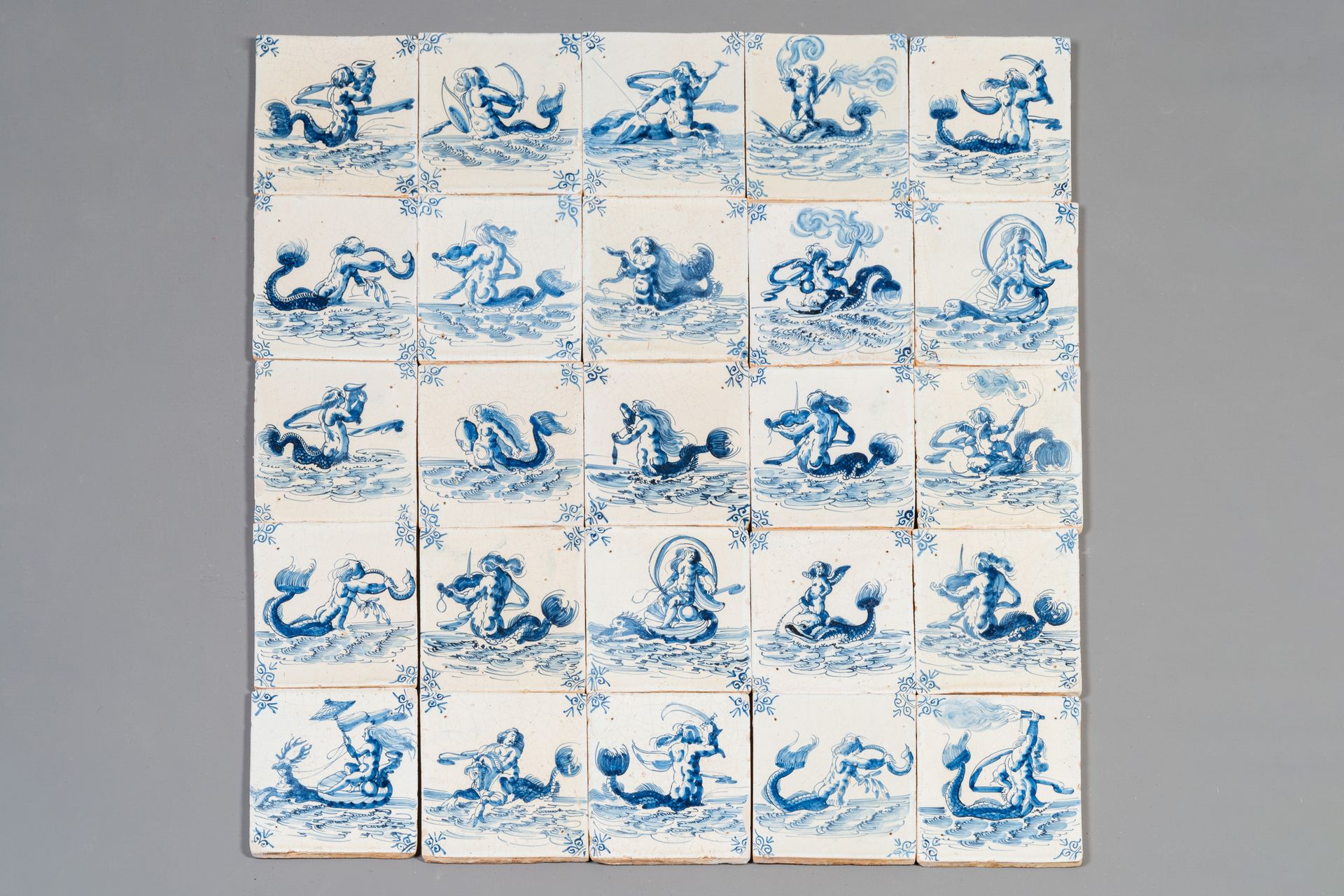 An exceptional set of 25 Dutch Delft blue and white tiles with fine sea monsters&hellip;