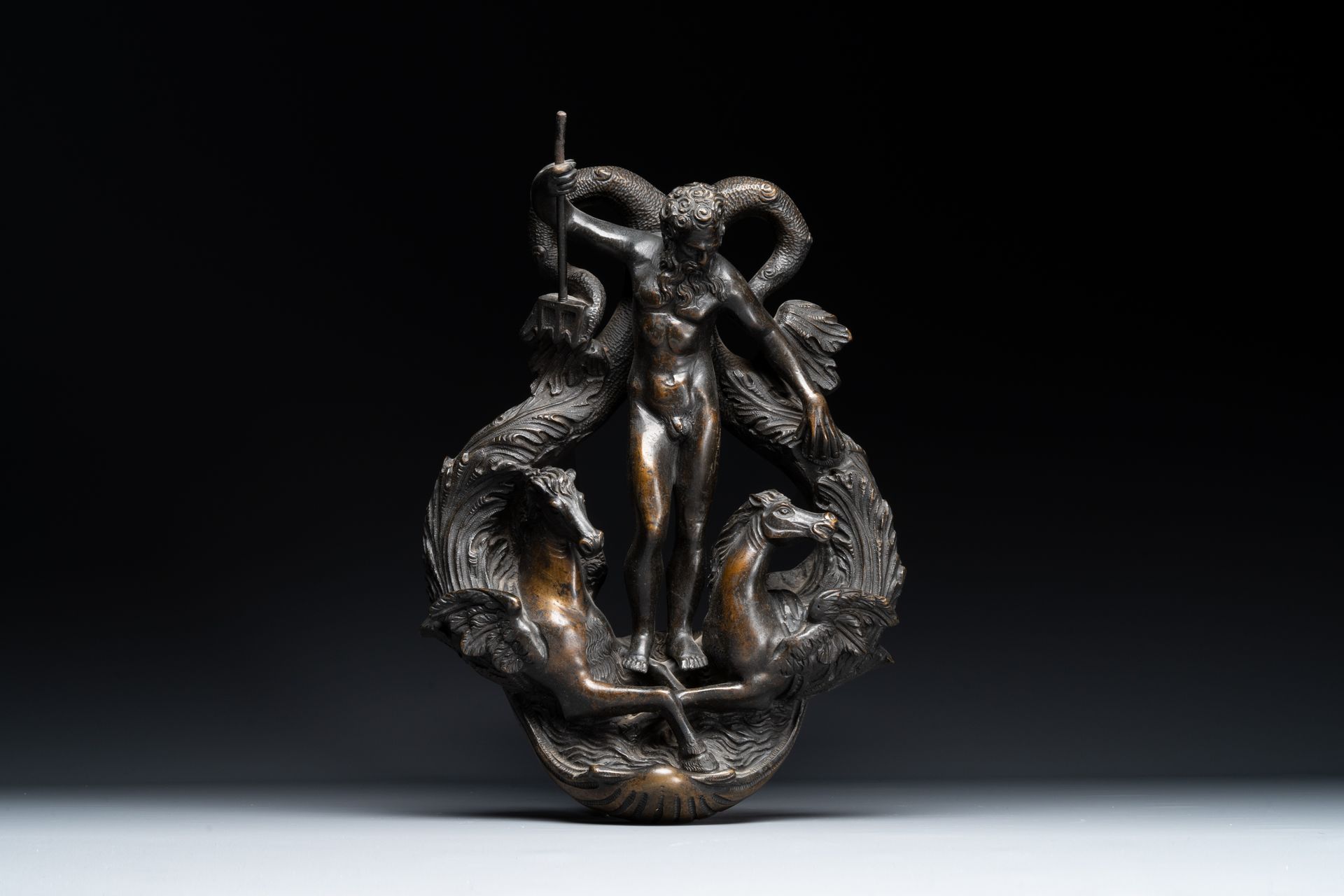 A large bronze door knocker with Neptune and two winged horses, Venice, 19th C. &hellip;