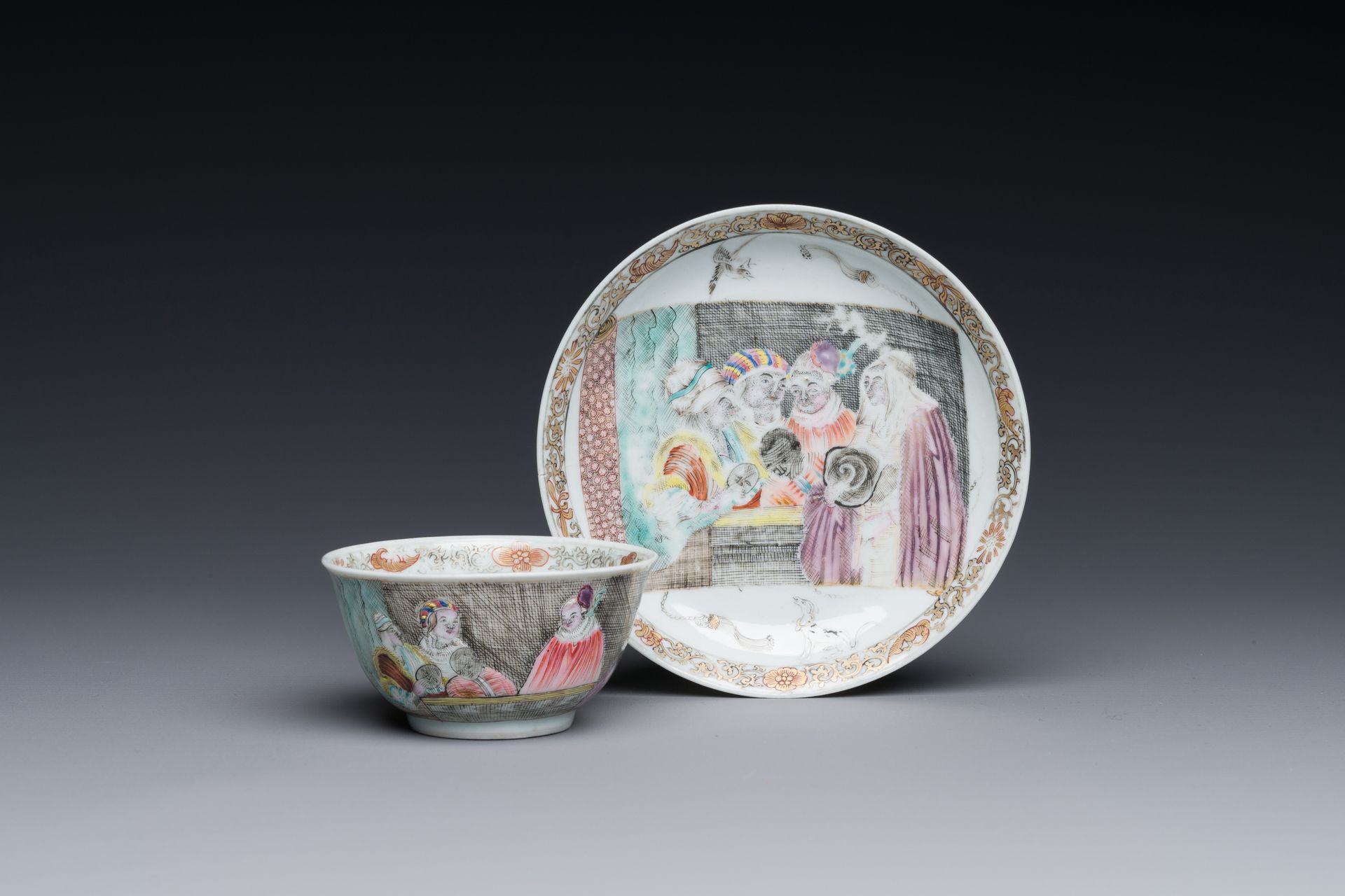 A rare Chinese rose-grisaille cup and saucer after 'Actors of the Comedie-Franca&hellip;