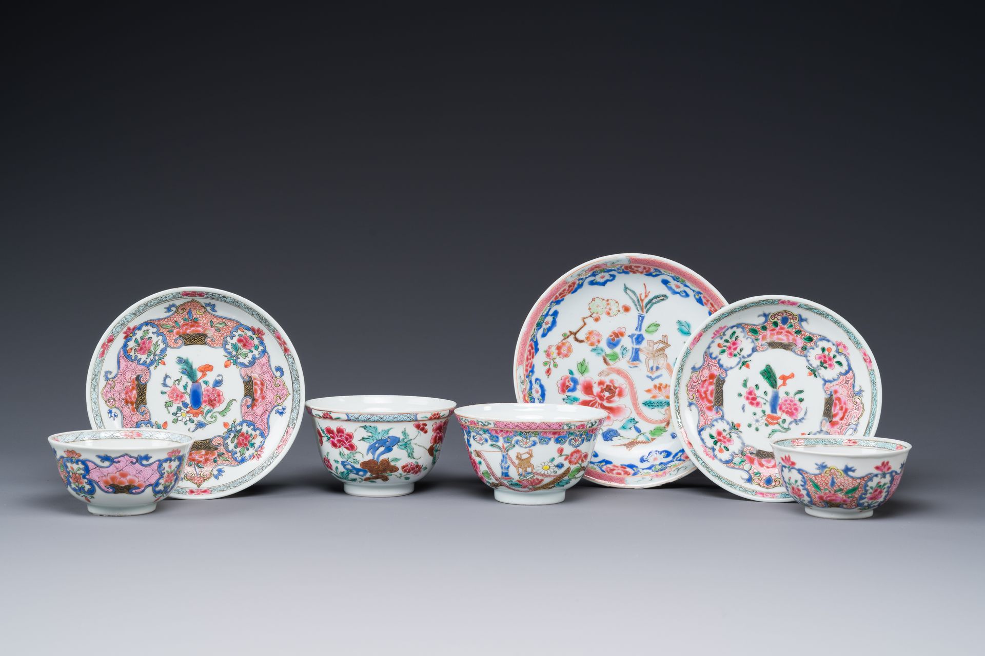 Four Chinese famille rose cups and three saucers with floral design, Yongzheng Q&hellip;