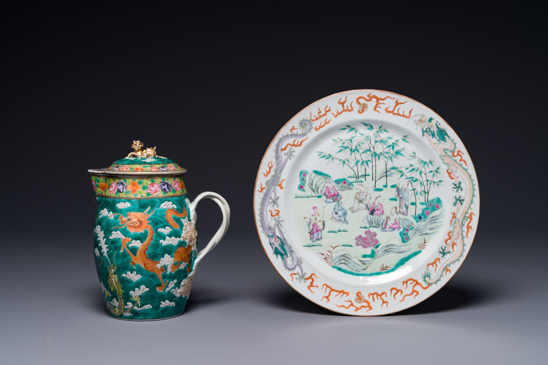A Chinese Canton famille rose green-ground 'dragon' jug and a 'Seven Sages of th&hellip;