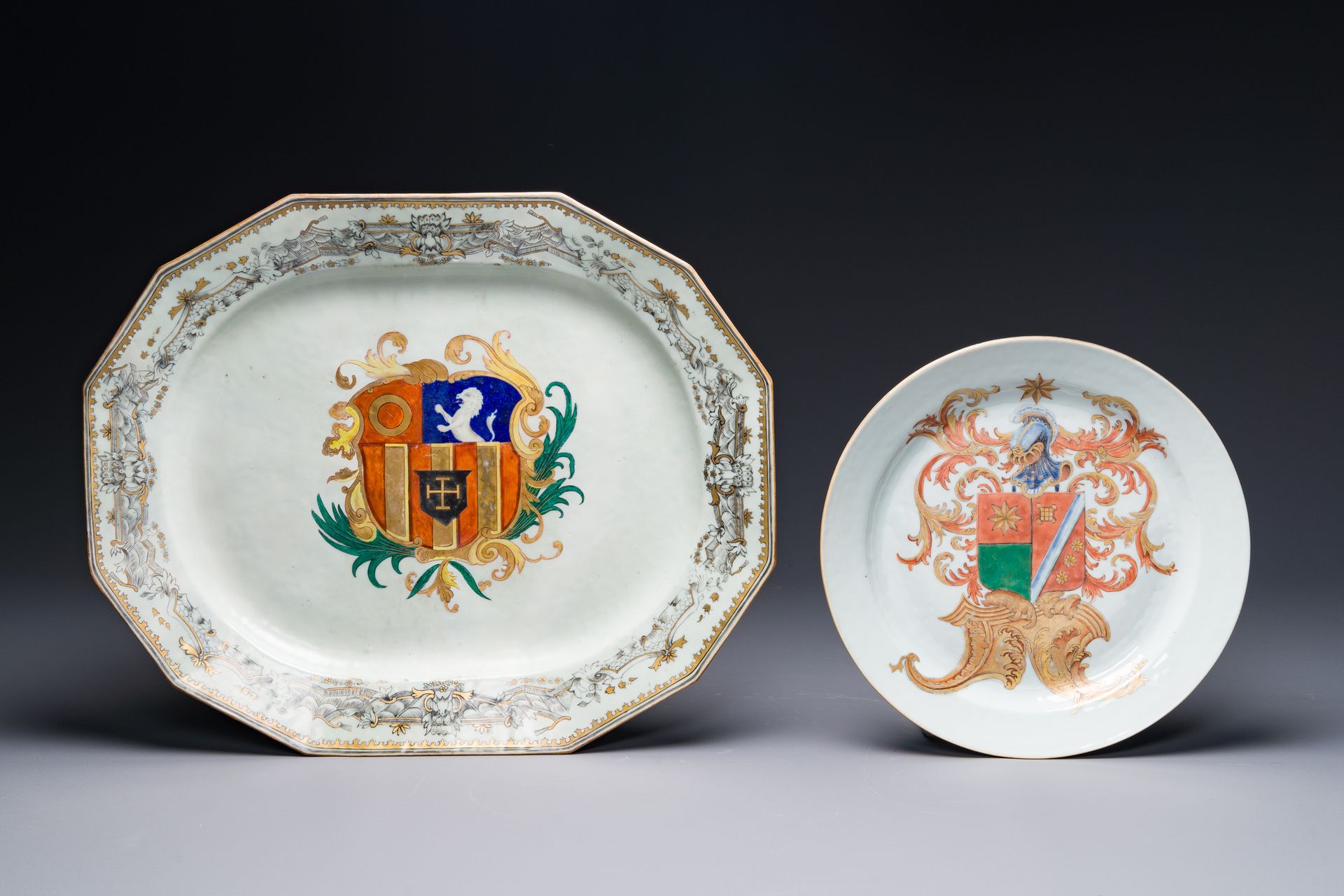 A Chinese armorial dish and a plate for the Dutch market with the arms of 'De He&hellip;