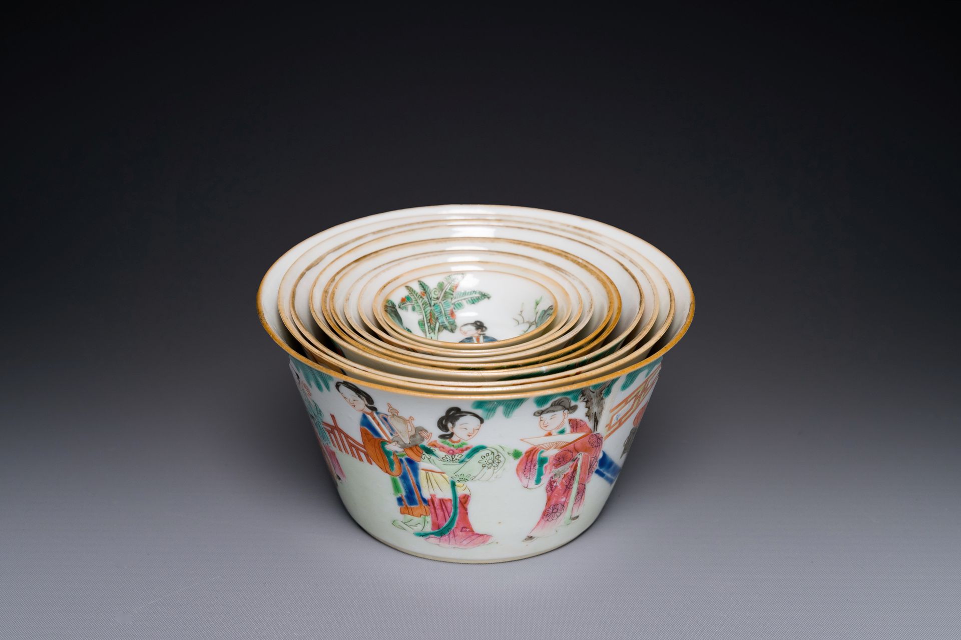 A rare set of ten Chinese famille rose 'erotic' nesting bowls, Daoguang mark and&hellip;