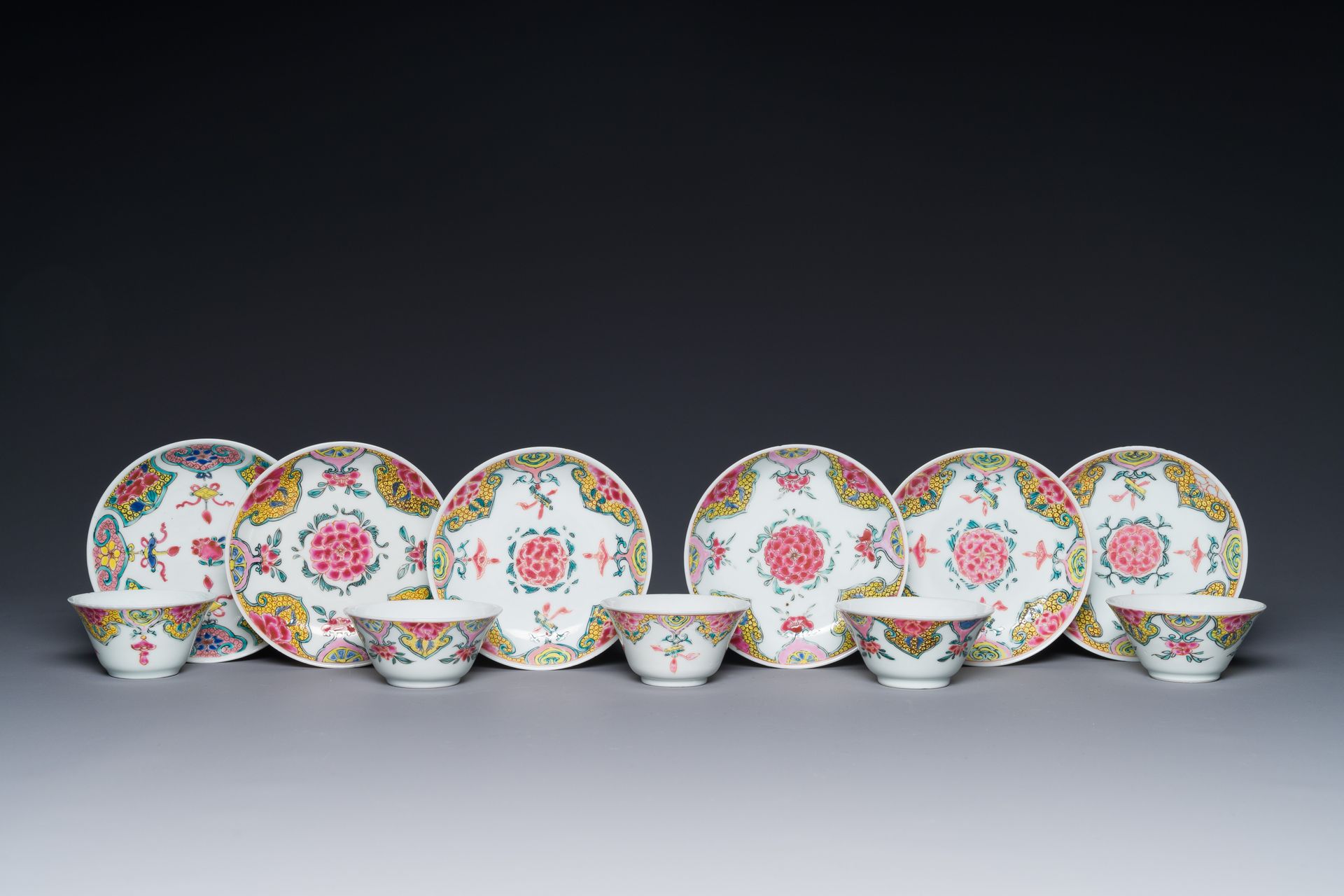 Five Chinese famille rose cups and six saucers with floral decor, Yongzheng/Qian&hellip;