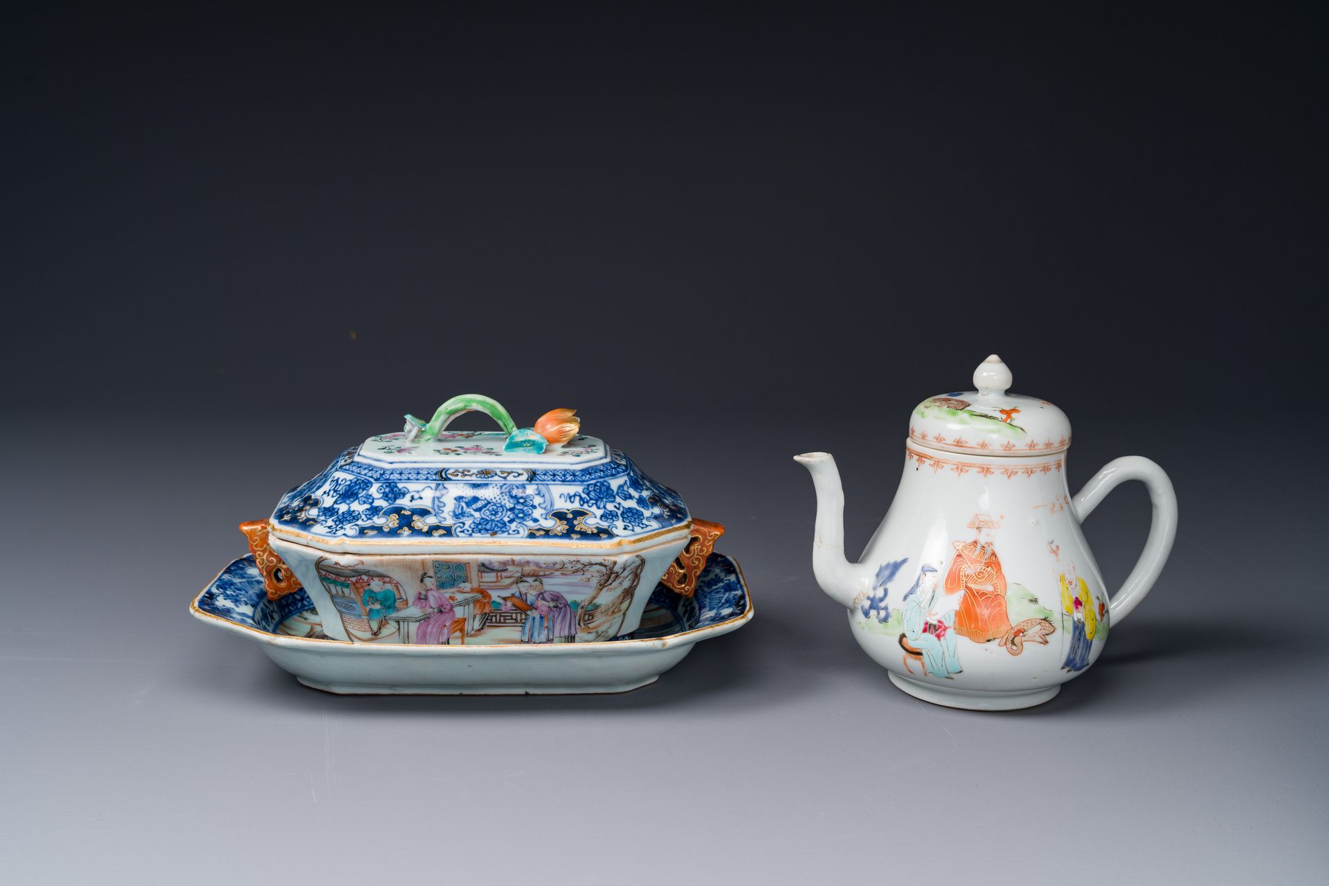 A Chinese Canton famille rose 'mandarin subject' tureen and cover on stand and a&hellip;