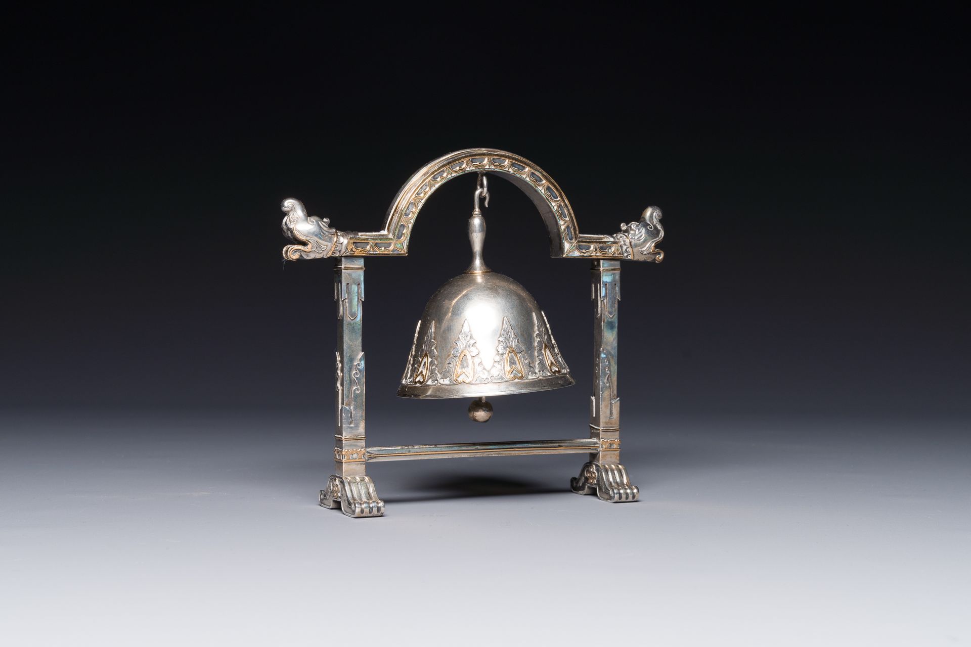 A fine parcel-gilt silver table bell or miniature gong, Southeast Asia, early 20&hellip;