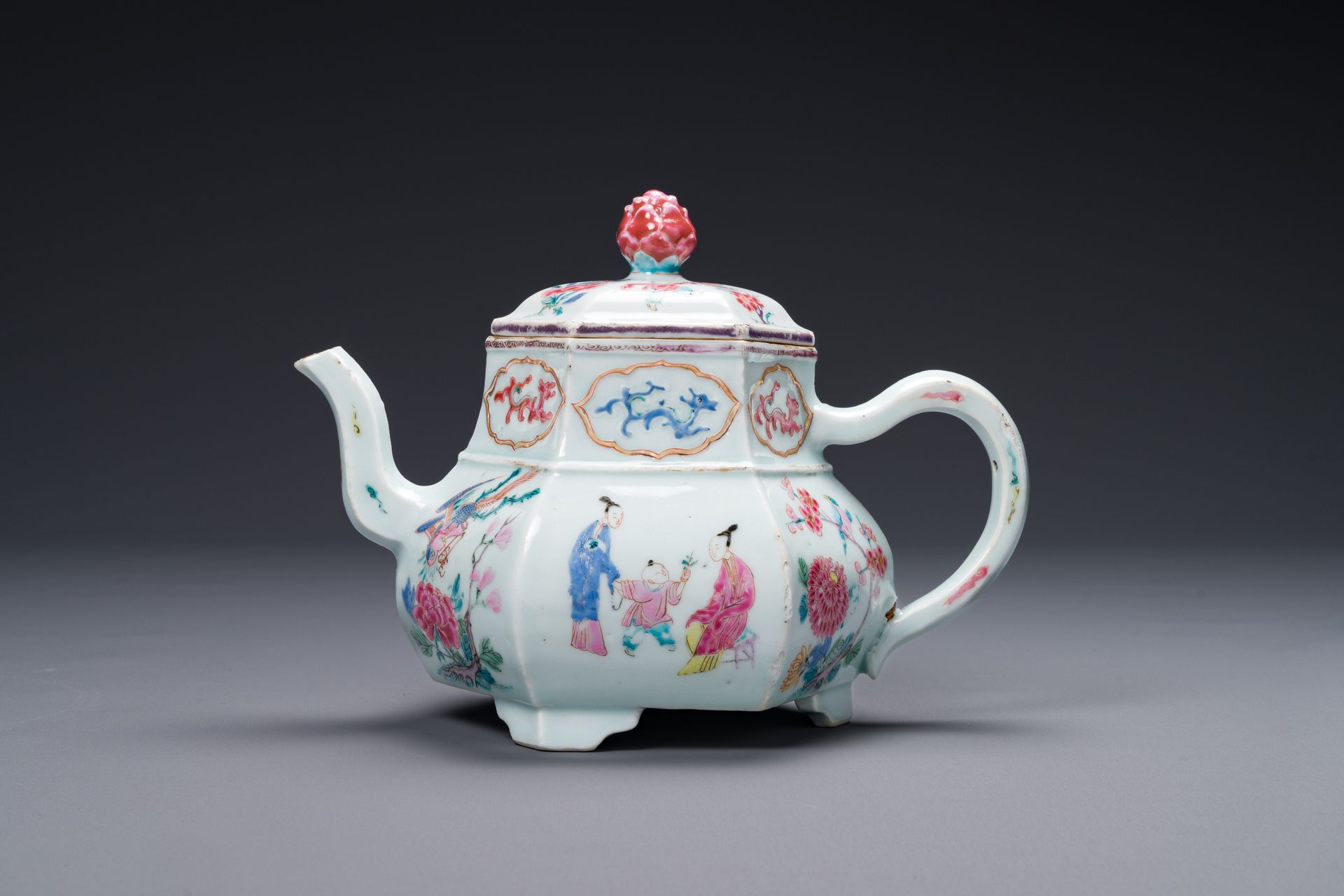 An exceptional large hexagonal Chinese famille rose teapot and cover, Yongzheng &hellip;