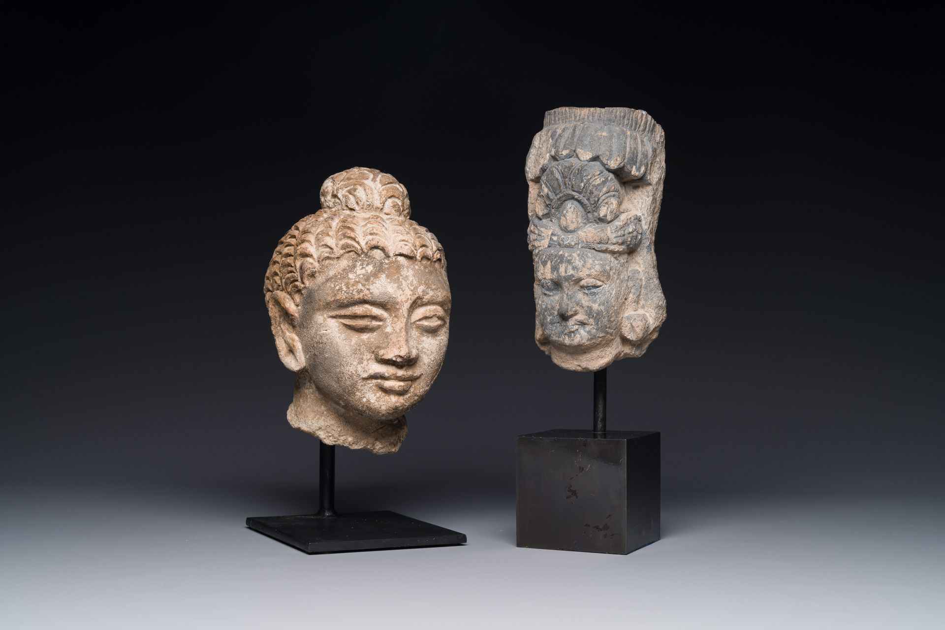 A Gandhara fragment of a stucco Sakyamuni head and a grey schist Bodhisattva hea&hellip;