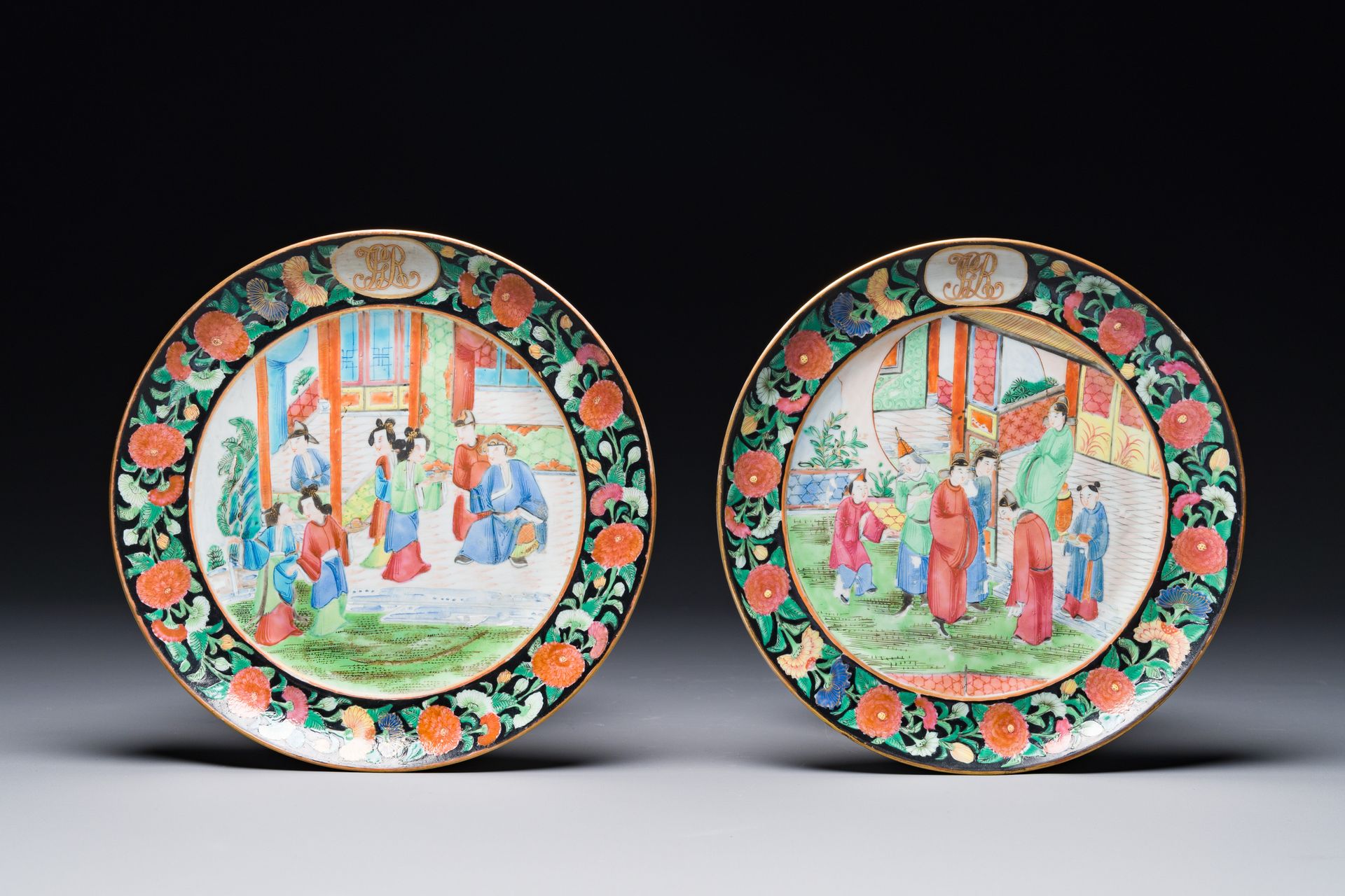A pair of Chinese monogrammed Canton famille rose plates with black-glazed rims,&hellip;