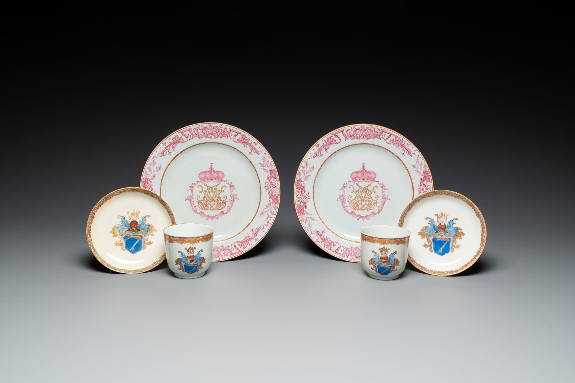 A pair of monogrammed Chinese puce-enamelled plates and a pair of armorial cups &hellip;