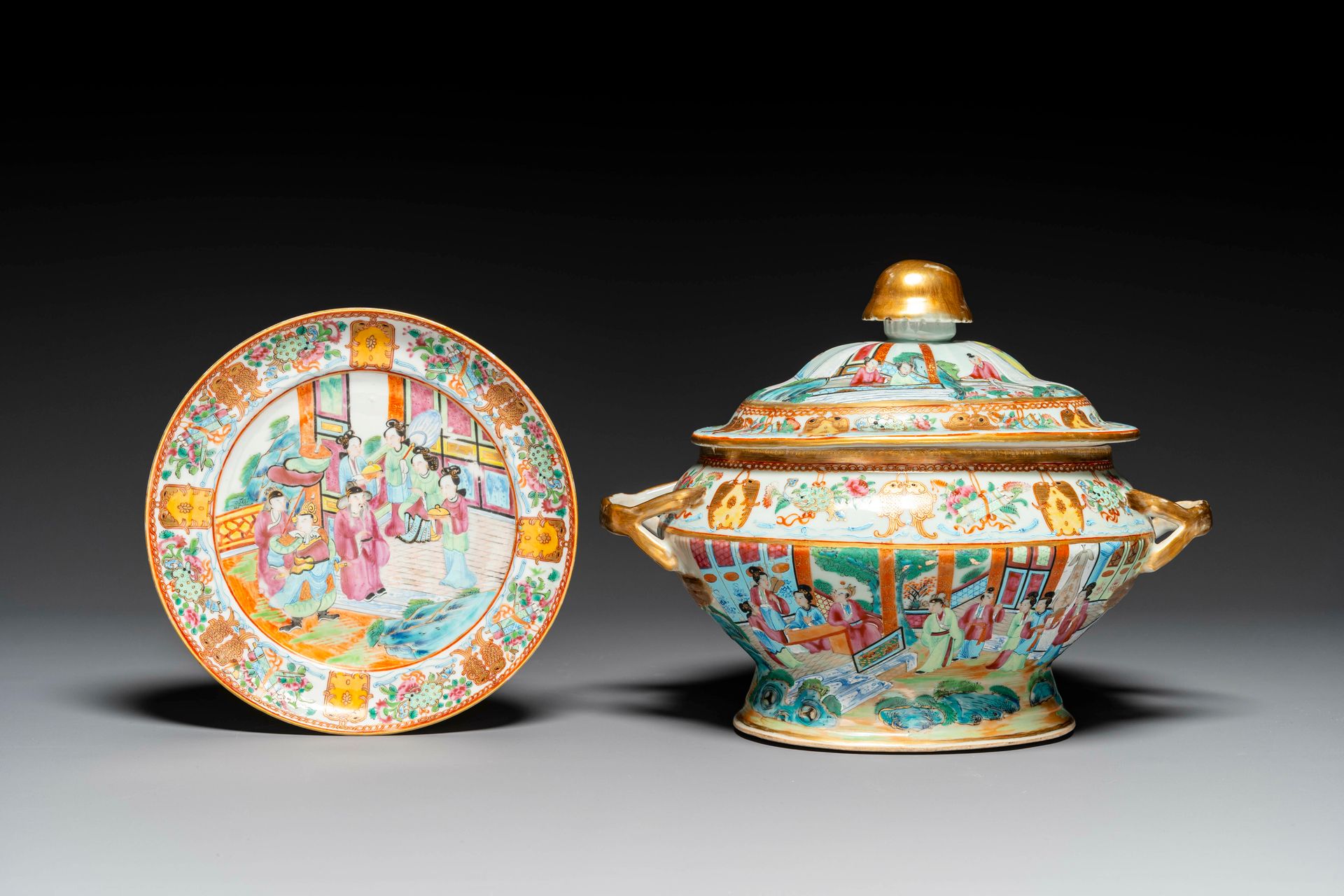 A Chinese Canton famille rose tureen and cover and matching plate, 19th C. Soupi&hellip;