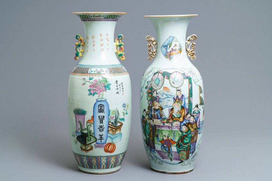 Null Deux vases en porcelaine de Chine famille rose à double décor, 19/20ème