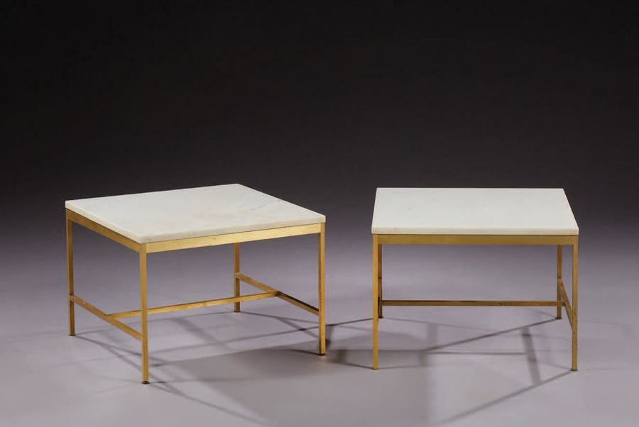 PAUL MCCOBB (1917-1969) 
Pair of square white marble sofa tops resting on a quad&hellip;