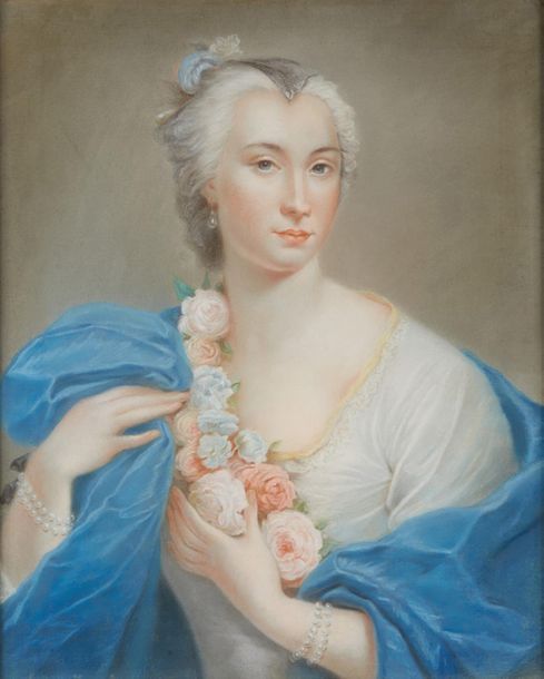 Ecole FRANCAISE, vers 1830 
Jeune femme à l'habit bleu et guirlandes de fleurs
P&hellip;