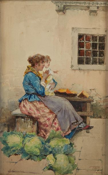 RAFAELE TAFURI (1857-1829) 
Femme et enfant dans une cour
Gouache sur papier, si&hellip;