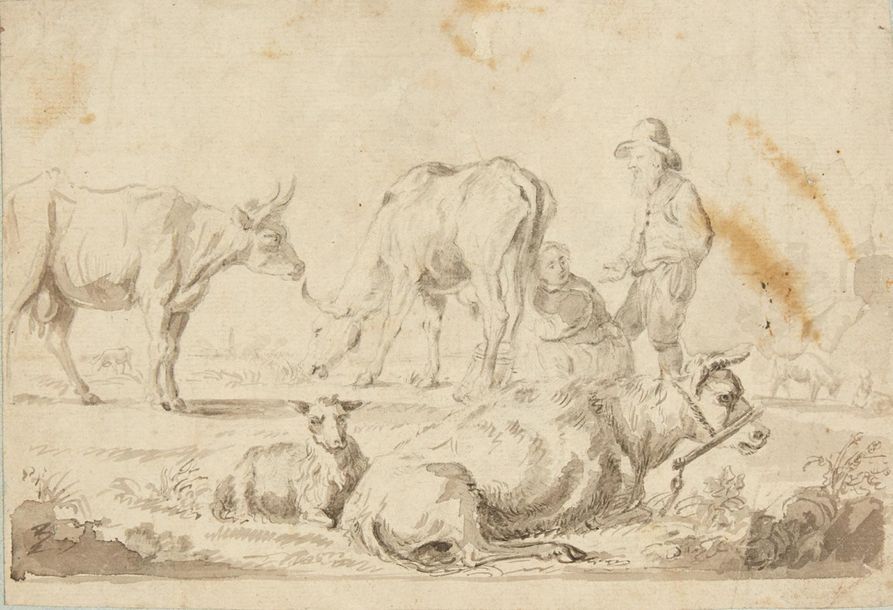École FRANÇAISE du XVIIIe siècle 
Dessin figurant vaches et personnages.
Dim.: 1&hellip;