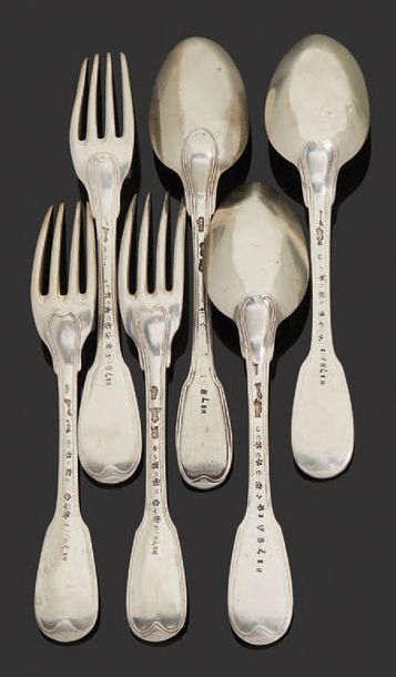 Null Three silver forks and three silver spoons, net model.
Paris late 18th cent&hellip;