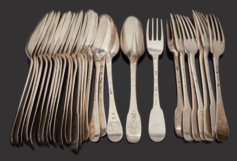 Null Important set of cutlery including eight forks and twenty-one spoons, model&hellip;