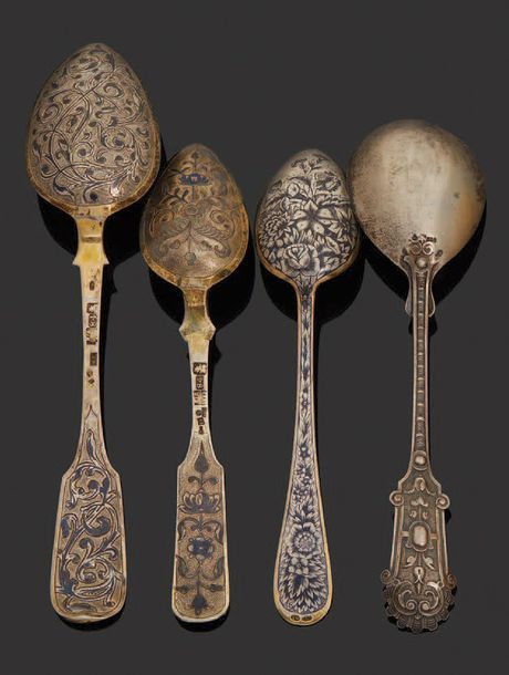 Null Set of four niello silver spoons.
Russian work from the 19th century.
Weigh&hellip;