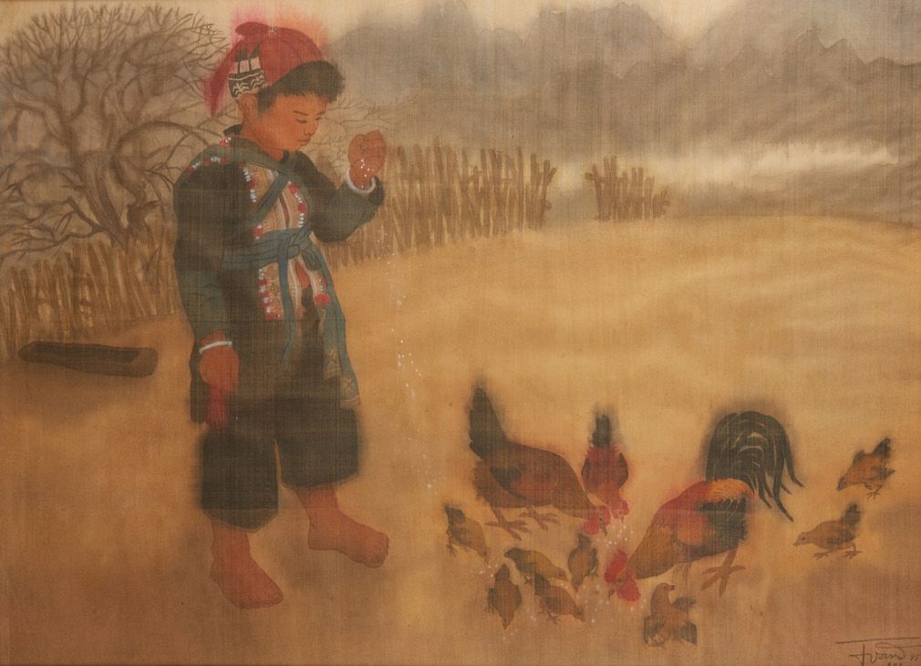 PHAM HOANG VAN Peinture sur tissu figurant une scène animée.
Travail vietnamien.&hellip;