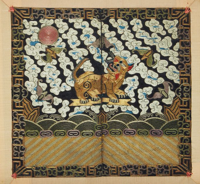 CHINE Silk embroidery showing a tiger and bats in the clouds on a black backgrou&hellip;