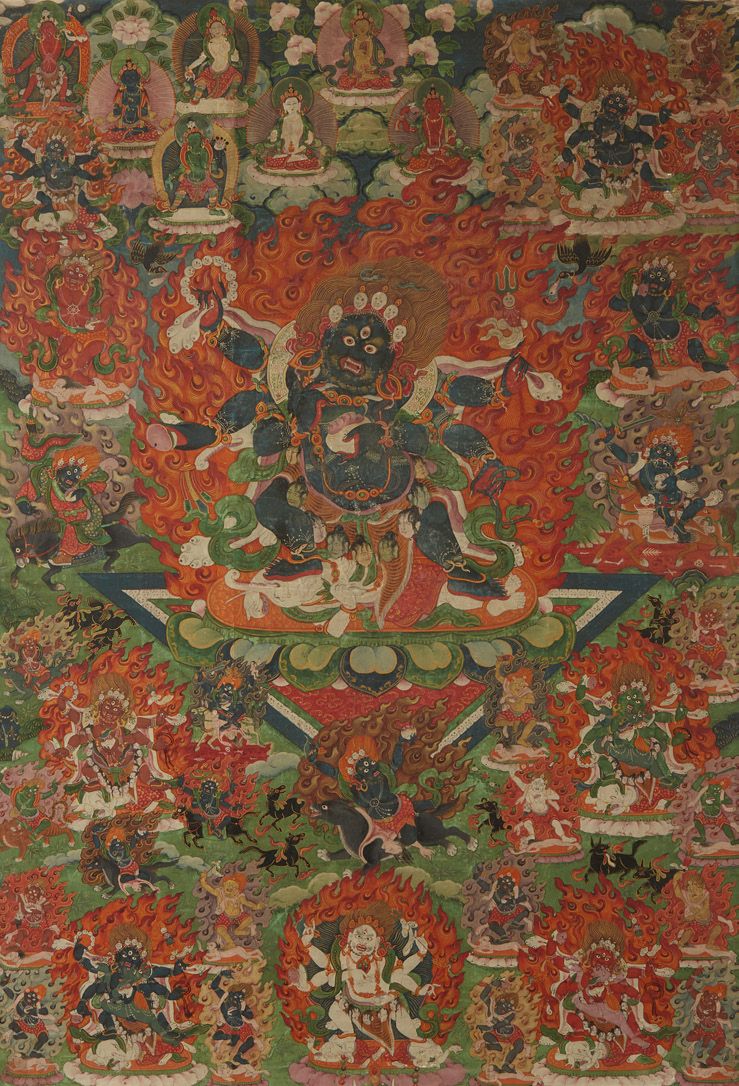 TIBET 在布上描绘金刚乘的THANGKA，周围有多个场景。
18/19世纪。
尺寸：74 x 51 cm。