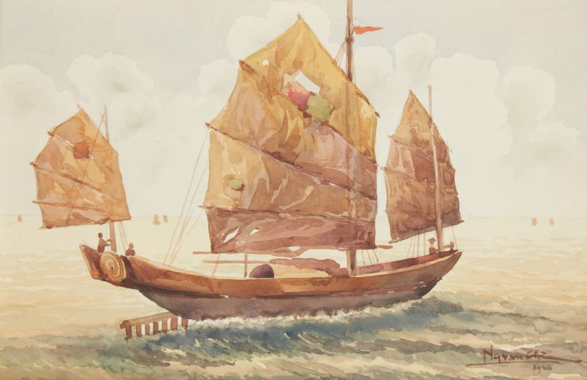 NGUAN CHÜ 渔船
纸本水彩画。
右下角有签名，日期为1946年。
尺寸：18.5 x 29 cm。