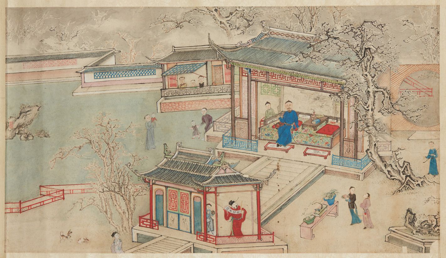 CHINE 
客人在大厅吸烟，妇女和儿童在卧室，仆人在院子里工作。
19世纪。
尺寸：40.5 x 72 cm
(磨损和胶条)