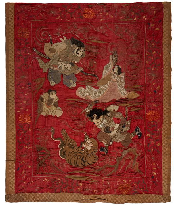 JAPON 大型刺绣，红色背景，表现人物和老虎的动画场景。
尺寸：233 x 183 cm