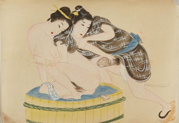 JAPON Ensemble de deux aquarelles érotiques.
Dim. : 19 x 26 cm