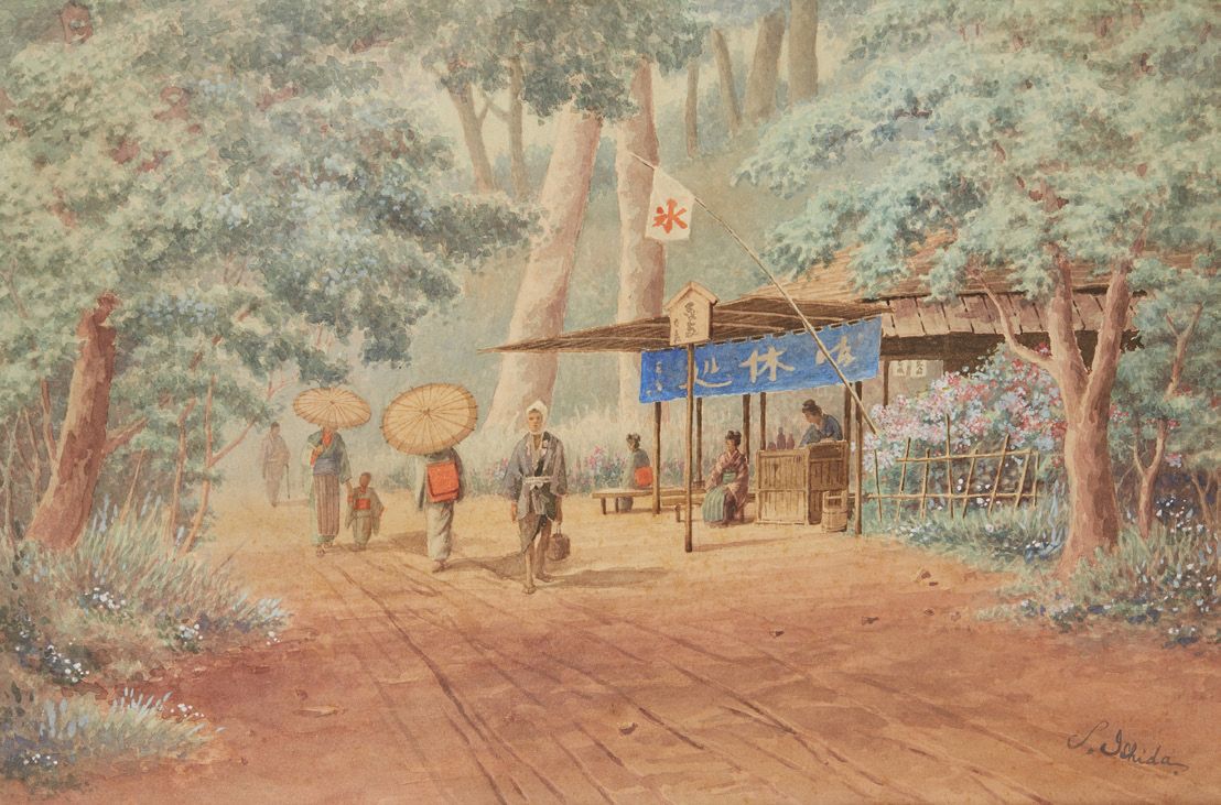 SHISEGABURO ISCHIDA (1888-1960), ATTRIBUÉ À 动画村道
纸本水粉画，右下角有签名。
尺寸：32,5 x 48,5 cm&hellip;