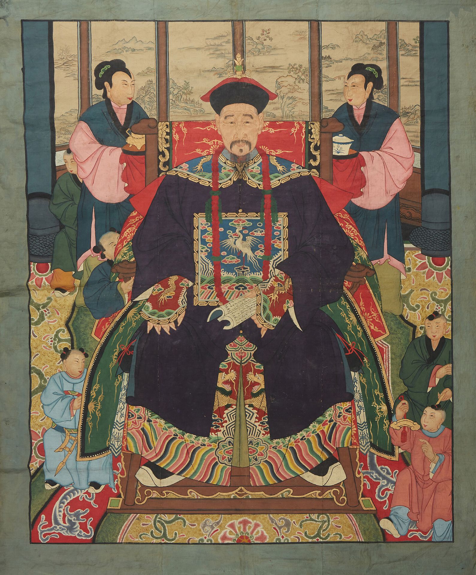 CHINE Large painting on canvas representing a dignitary.
Size: 205 x 155 cm