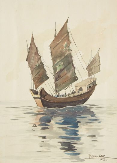 NGUAN CHÜ 帆船
纸本水彩画。
右下角有签名，日期为1936年
尺寸：29 x 21 cm。
