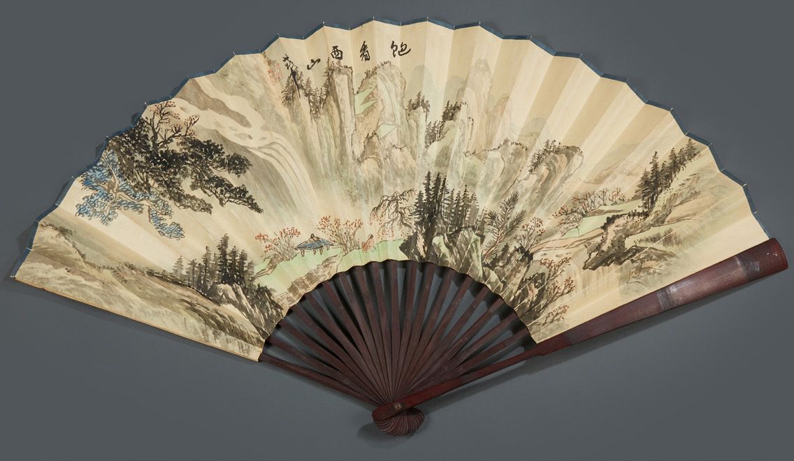 CHINE Large fan on wallpaper of a mountainous landscape scene with literate peop&hellip;